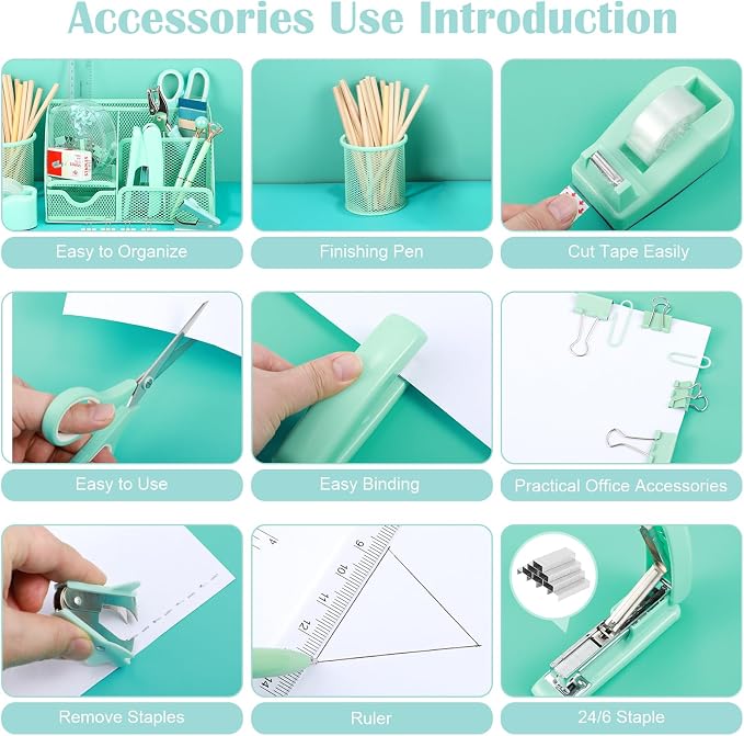 auroray Green Desk Organizers and Accessories, Teal Office Supplies Set Green - Image 4