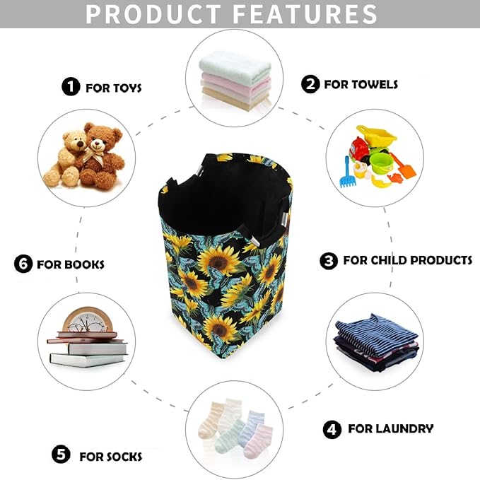 Abstract Sunflower With Blue Butterfly Large Laundry Hamper with Handle - Image 4