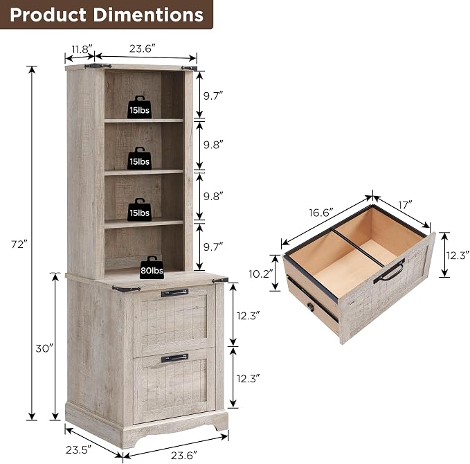 RedLemon Bookcase with 2 File Drawers, 4 Tier Rustic Wood Bookshelf with Cabinet - Image 2