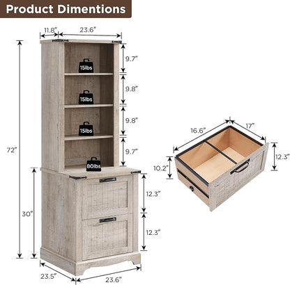 RedLemon Bookcase with 2 File Drawers, 4 Tier Rustic Wood Bookshelf with Cabinet - Image 2