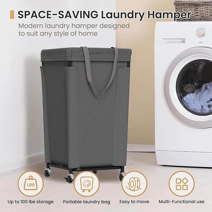 Laundry Basket with Wheels, Large Laundry Hamper with Removable Bag and Steel - Image 8