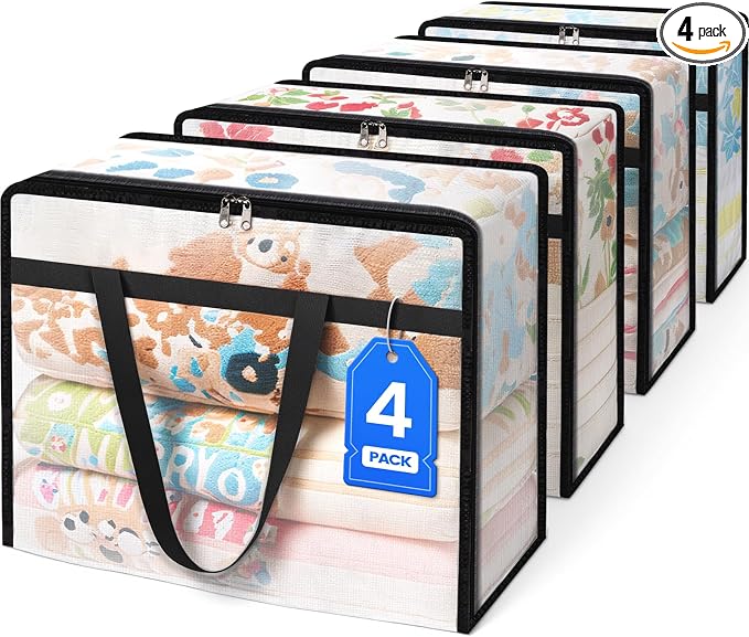 BlissTotes 4 Pack Clear Clothes Storage Bags, Moving Bags, Foldable Blanket by BlissTotes