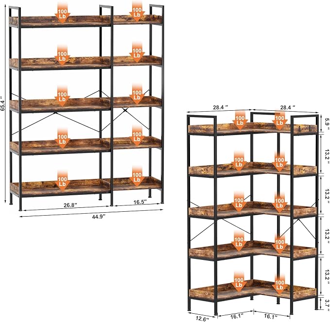 KOUSEI Bookshelf 5-Tier, L-Shaped Reversible Corner Bookshelf, Home Office - Image 3