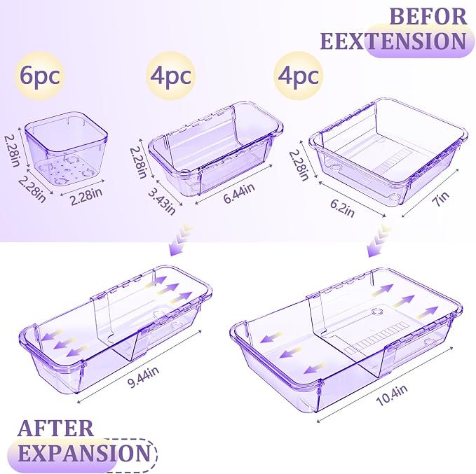 14 Pcs Adjustable Clear Drawer Organizer, Extendable Vanity Storage Bins - Image 2