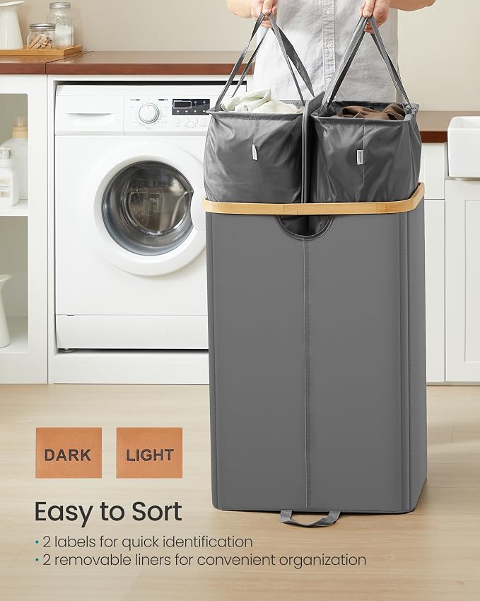 SONGMICS Laundry Hamper with Lids, Laundry Basket with 2 Compartments, 39 Gal. - Image 4