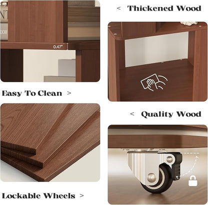 5 Tier Solid Wood Rotating Bookshelf Tower on Wheels, 360° Upgrade Spinning - Image 8