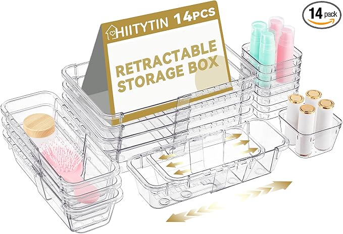 14 Pcs Adjustable Clear Drawer Organizer, Extendable Vanity Storage Bins by Hiitytin