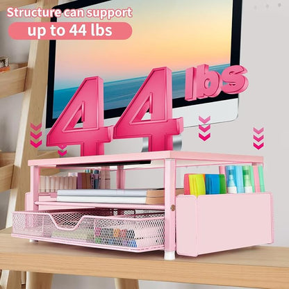 AUPSEN Pink Desk Organizers and Accessories, 2-Tier Wood Computer Monitor Stand - Image 5