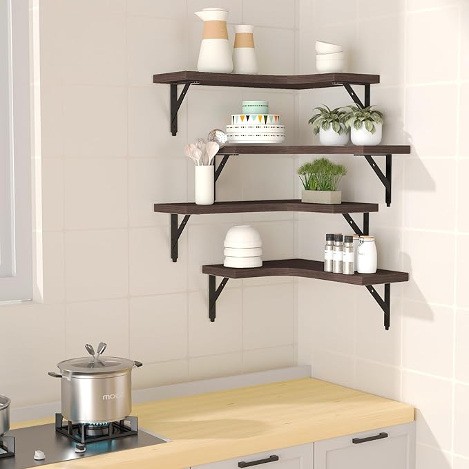 ROMGUAR CRAFT Corner Floating Shelves Wall Mounted Set of 4, Rustic Wood - Image 2