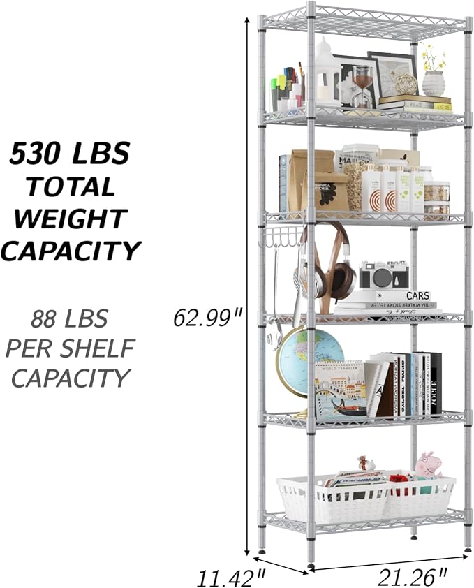 Homdox 6-Tier Storage Shelf Wire Shelving Unit Free Standing Rack Organization - Image 3