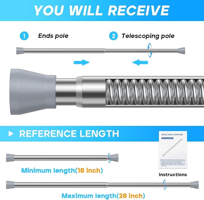 Tension Rod 16 to 26 Inch Sliver Tension Curtain Rod No Drill Spring Tension - Image 3