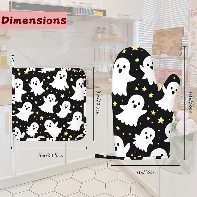 Halloween Ghosts Heat-Resistant Silicone Oven Mitts and Pot Holders, Long Oven - Image 2