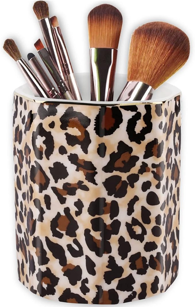 Jwest Pen Holder, Makeup Brush Holder Ceramic Shiny Gold Leopard Cheetah by Jwest