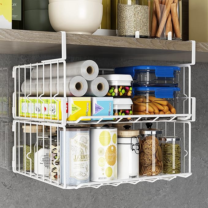 Hanging Under Shelf Storage Basket, 2 Pack Foldable Under Cabinet Metal Desk - Image 5