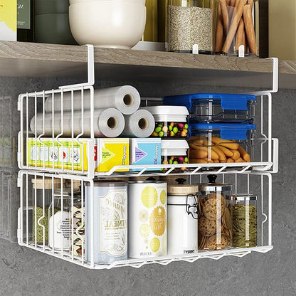 Hanging Under Shelf Storage Basket, 2 Pack Foldable Under Cabinet Metal Desk - Image 5