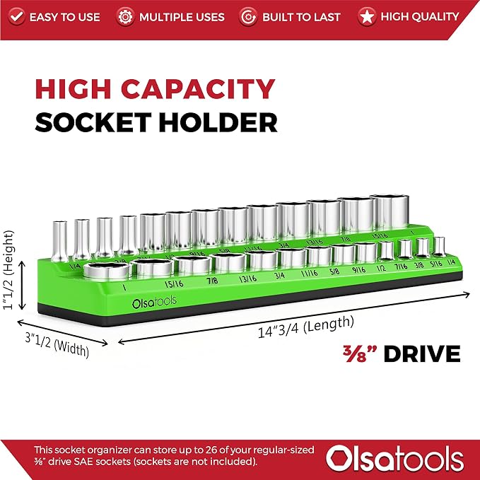 Olsa Tools Magnetic Socket Organizer | 3/8-inch Drive | SAE | Green | Holds 26 - Image 3