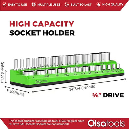 Olsa Tools Magnetic Socket Organizer | 3/8-inch Drive | SAE | Green | Holds 26 - Image 3