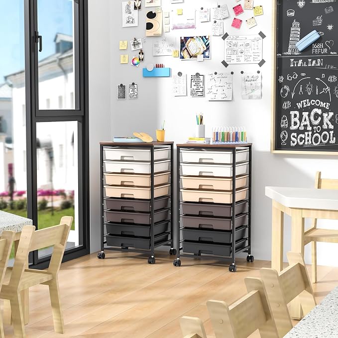 Rolling Storage Cart with Drawers, Rolling Drawer Cart and Wooden Tabletop - Image 8