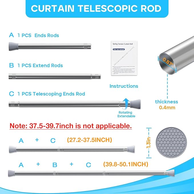 2 Pack Silver Tension Curtain Rod - Image 2