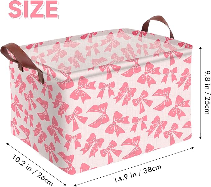Pink Bow Storage Basket Waterproof Canvas Toy Storage Bin Bow Room Decor - Image 2