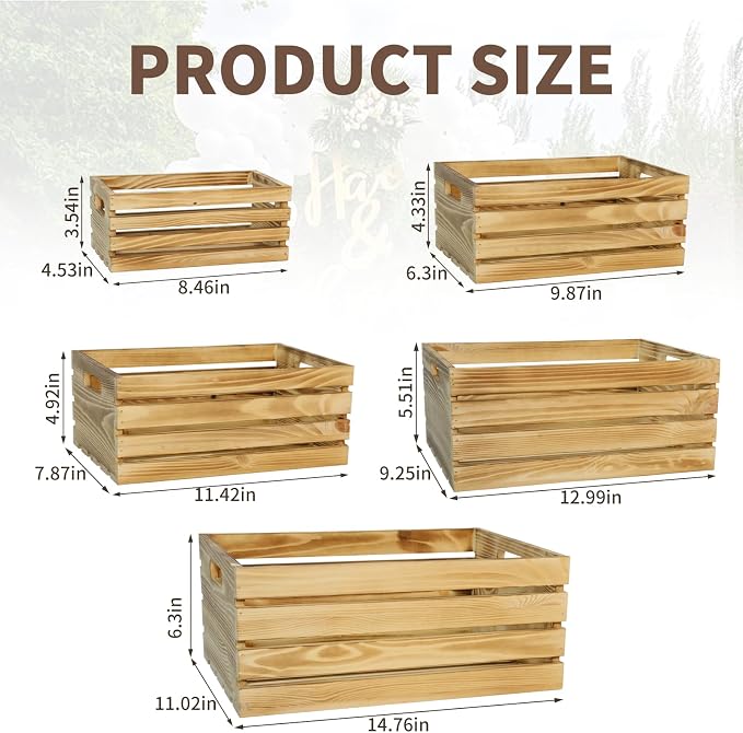5 Pcs Wooden Crates for Display, Nesting Wood Crate for Storage, 5 Size | - Image 3