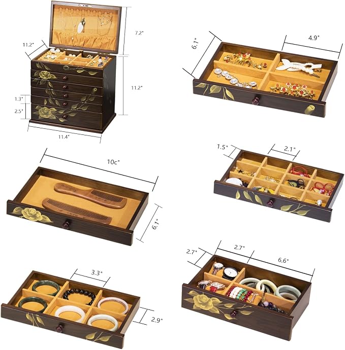 Hand-painted Wooden Jewelry Box, 7 Layer Jewelry Organizer, Vintage Wooden - Image 4
