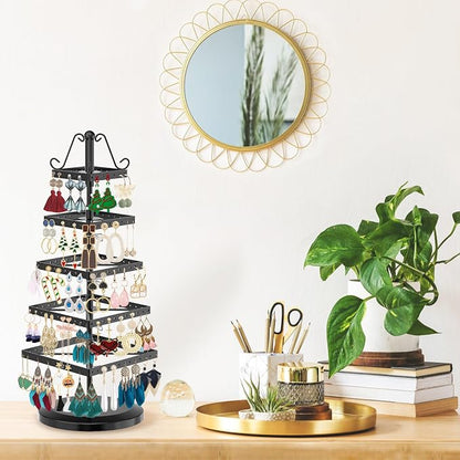 MODOWEY 5 Tier Metal Rotating Earring Holder Organizer Tree Display, Square | - Image 7
