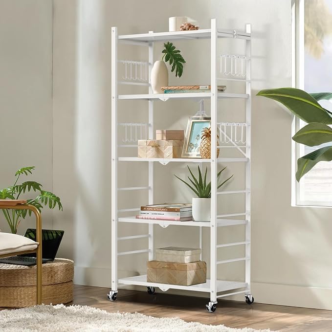 Himix Storage Shelves with 20 Hooks, 5-Tier Foldable Shelves - Image 2