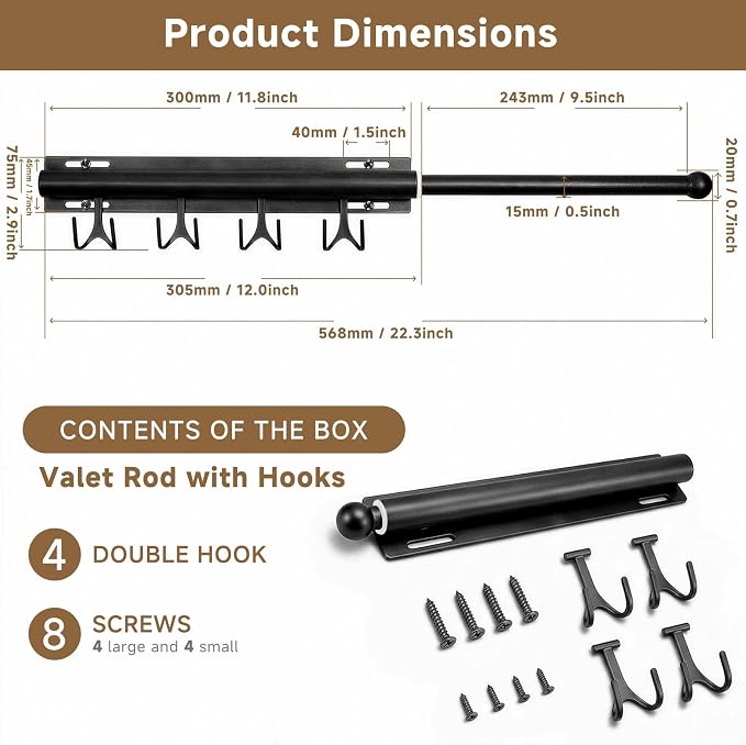 Valet Rod For Closet Pull Out, Adjustable Heavy Duty Carbon Steel 12" - Image 5