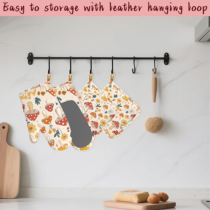 Retro Mushroom Daisy Flowers Silicone Oven Mitts and Pot Holders, - Image 5