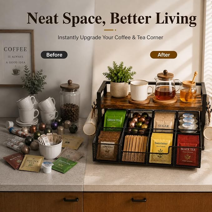 Tea Bag Organizer, Tea Bag Organizer Drawer, Wood Tea Organizers and Storage - Image 4