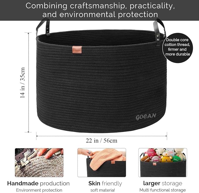 Extra Large Storage Laundry Basket 22" X 22"X 14" Cotton Rope Woven - Image 3