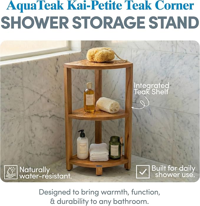 AquaTeak 12" Kai-Petite Teak Corner Shelf Stand - Image 2