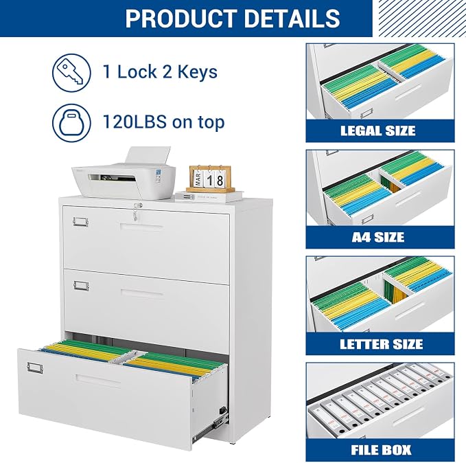 Lateral File Cabinet with Lock, 3 Drawer Large Metal Filing Cabinet, Home - Image 5