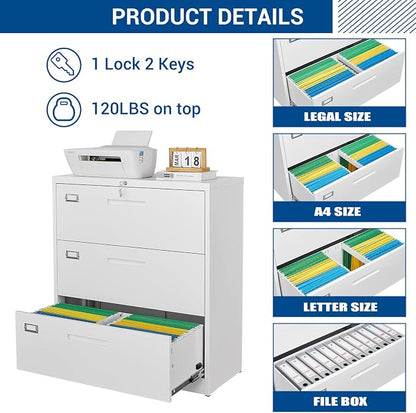 Lateral File Cabinet with Lock, 3 Drawer Large Metal Filing Cabinet, Home - Image 5