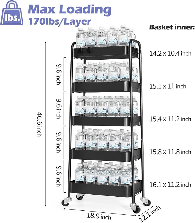TOOLF 5-Tier Metal Rolling Cart - Image 6