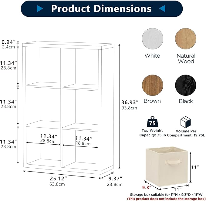 6 Cube Storage Organizer, 2x3 Cube Bookshelf, Cubby Storage Shelf, Wooden - Image 2