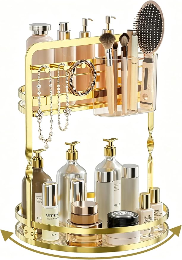 360° Rotating Makeup Organizer for Vanity, 2-Tier Gold Bathroom Organizer by DUANFEE