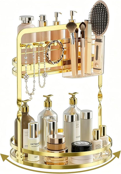 360° Rotating Makeup Organizer for Vanity, 2-Tier Gold Bathroom Organizer by DUANFEE