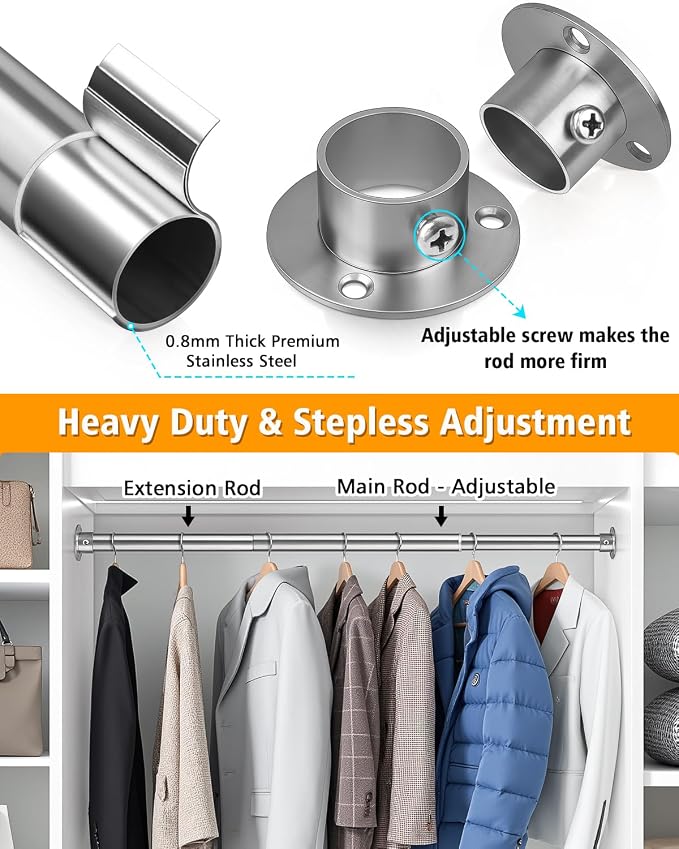 Closet Rods for Hanging Clothes, 17-64 Inch Heavy Duty and Stepless Adjustable - Image 3