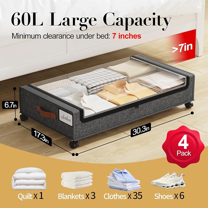 Yecaye Under Bed Storage with Wheels, 4 Pack Under the Bed Storage Containers - Image 2