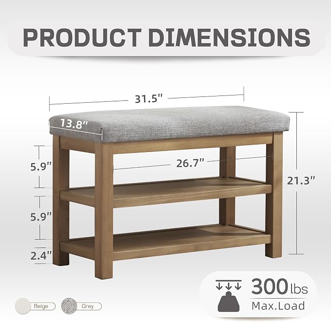 Zihanhome Shoe Rack Bench with Cushion, 2 Tier Solid Wood Storage Bench - Image 2