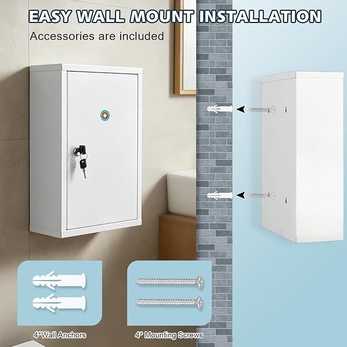KYODOLED Wall Mount Locking Medicine Cabinet, Large Capacity First Aid Cabinet - Image 7
