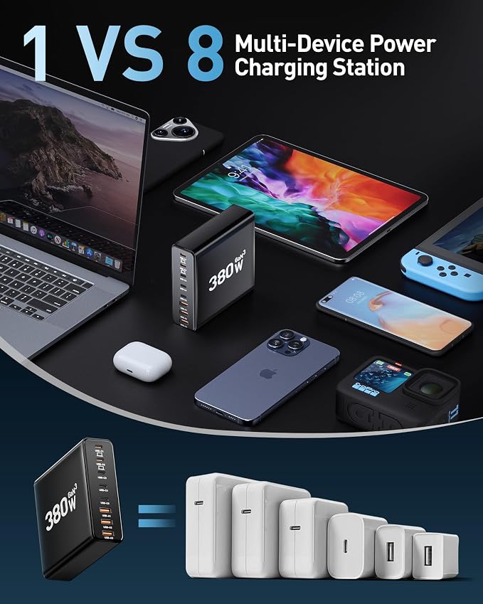 380W USB C Charger Block with 4 USB Cables Dual 100W Charging Station | 8-Port - Image 5