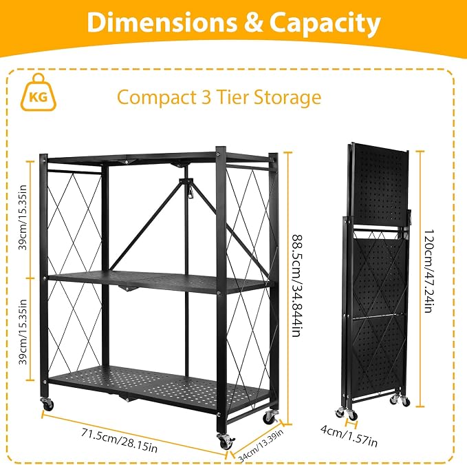 3 Tier Folding Shelf with Wheels, Foldable Metal Shelving Unit, No Assembly - Image 2