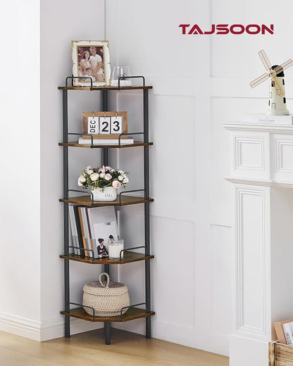 Tajsoon 5 Tier Corner Shelf Stand, Small Corner Table, Rustic Brown | Corner - Image 4