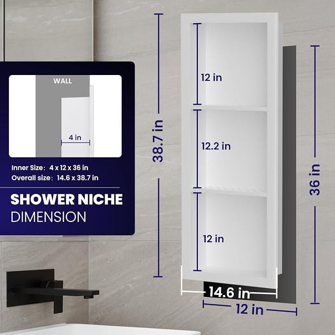 12" x 36" Stainless Steel Shower Niche, 3-Tier Waterproof Shelves, No-Tile - Image 3