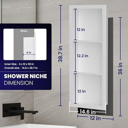 12" x 36" Stainless Steel Shower Niche, 3-Tier Waterproof Shelves, No-Tile - Image 3