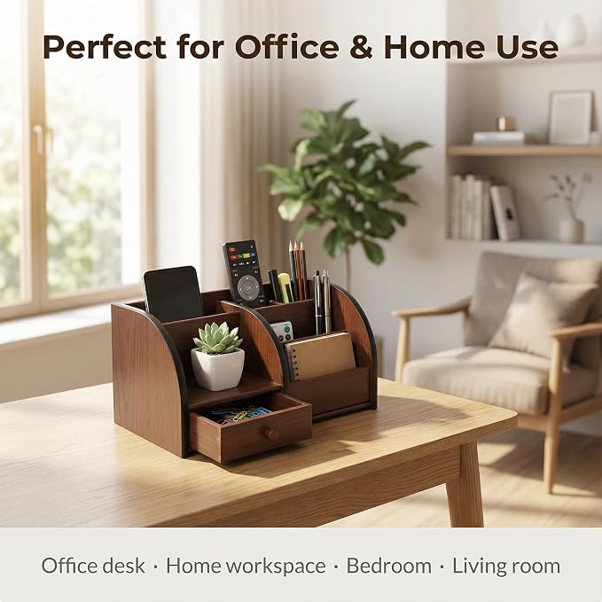 Wooden Desk Organizer with Drawer, Remote Control, Makeup & Accessories - Image 5