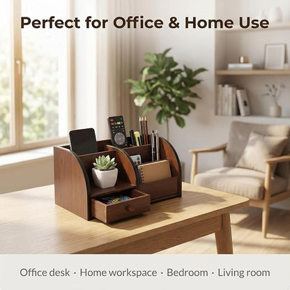 Wooden Desk Organizer with Drawer, Remote Control, Makeup & Accessories - Image 5